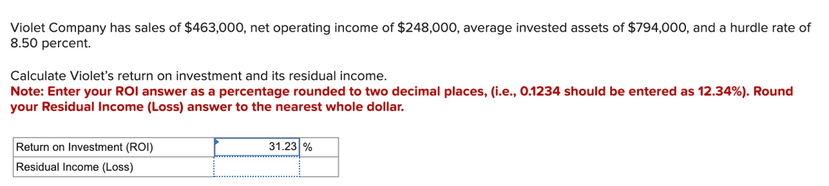 Violet Company has sales of $463,000, net operating income of $248,000, average invested assets of $794,000, and a hurdle rate of
8.50 percent.
Calculate Violet's return on investment and its residual income.
Note: Enter your ROI answer as a percentage rounded to two decimal places, (i.e., 0.1234 should be entered as 12.34%). Round
your Residual Income (Loss) answer to the nearest whole dollar.
Return on Investment (ROI)
Residual Income (Loss)
31.23%