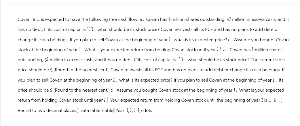 Covan, Inc. is expected to have the following free cash flow: a. Covan has 8 million shares outstanding, $2 million in excess cash, and it
has no debt. If its cost of capital is 10%, what should be its stock price? Covan reinvests all its FCF and has no plans to add debt or
change its cash holdings. If you plan to sell Covan at the beginning of year 2, what is its expected price? c. Assume you bought Covan
stock at the beginning of year 1. What is your expected return from holding Covan stock until year 2? a. Covan has 8 million shares
outstanding, $2 million in excess cash, and it has no debt. If its cost of capital is 10%, what should be its stock price? The current stock
price should be $ (Round to the nearest cent.) Covan reinvests all its FCF and has no plans to add debt or change its cash holdings. If
yqu plan to sell Covan at the beginning of year 2, what is its expected price? If you plan to sell Covan at the beginning of year 2, its
price should be $ (Round to the nearest cent.) c. Assume you bought Covan stock at the beginning of year 1. What is your expected
return from holding Covan stock until year 2? Your expected return from holding Covan stock until the beginning of year 2 is %. (
Round to two decimal places.) Data table \table[[Year, 1, 2, 3, 4, cdots