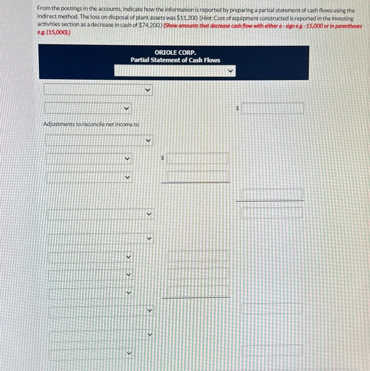 From the postings in the accounts, indicate how the information is reported by preparing a partial statement of cash flows using the
indirect method. The loss on disposal of plant assets was $11,200. (Hint: Cost of equipment constructed is reported in the investing
activities section as a decrease in cash of $74,200) (Show amounts that decrease cash flow with either a-sign e.g.-15,000 or in parentheses
eg. (15,000))
ORIOLE CORP.
Partial Statement of Cash Flows
Adjustments to reconcile net income to
V
<
$
$