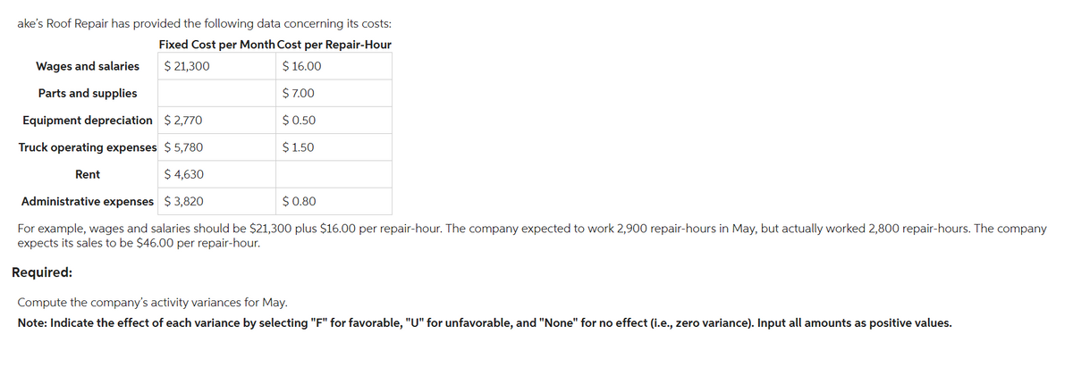 ake's Roof Repair has provided the following data concerning its costs:
Fixed Cost per Month Cost per Repair-Hour
$ 21,300
$ 16.00
$ 7.00
$ 0.50
$ 1.50
Wages and salaries
Parts and supplies
Equipment depreciation $ 2,770
Truck operating expenses $5,780
$ 4,630
Administrative expenses $3,820
$ 0.80
For example, wages and salaries should be $21,300 plus $16.00 per repair-hour. The company expected to work 2,900 repair-hours in May, but actually worked 2,800 repair-hours. The company
expects its sales to be $46.00 per repair-hour.
Required:
Compute the company's activity variances for May.
Note: Indicate the effect of each variance by selecting "F" for favorable, "U" for unfavorable, and "None" for no effect (i.e., zero variance). Input all amounts as positive values.
Rent