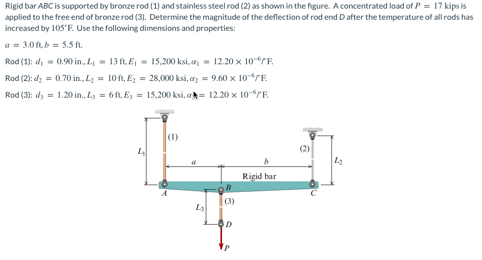 Rigid bar ABC is supported by bronze rod (1) and stainless steel rod (2) as shown in the figure. A concentrated load of P = 17 kips is
applied to the free end of bronze rod (3). Determine the magnitude of the deflection of rod end D after the temperature of all rods has
increased by 105°F. Use the following dimensions and properties:
a =
3.0 ft, b = 5.5 ft.
Rod (1): di = 0.90 in., L1
13 ft, Ej = 15,200 ksi, a1
12.20 x 10-6"F.
Rod (2): d2 = 0.70 in., L2
10 ft, E2 = 28,000 ksi, a2
= 9.60 x 10-6"F.
Rod (3): d3
1.20 in., L3
= 6 ft, E3 = 15,200 ksi, a= 12.20 × 10-6ľF.
|(1)
(2)
b
|L2
a
Rigid bar
A
|(3)
L3
D
