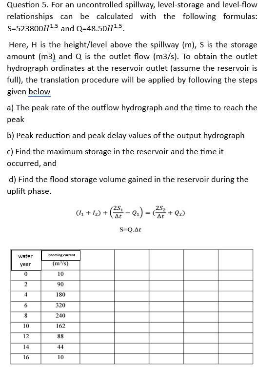 Question 5. For an uncontrolled spillway, level-storage and level-flow
relationships can be calculated with the following formulas:
S=523800H ¹.5 and Q=48.50H¹.5
Here, H is the height/level above the spillway (m), S is the storage
amount (m3) and Q is the outlet flow (m3/s). To obtain the outlet
hydrograph ordinates at the reservoir outlet (assume the reservoir is
full), the translation procedure will be applied by following the steps
given below
a) The peak rate of the outflow hydrograph and the time to reach the
peak
b) Peak reduction and peak delay values of the output hydrograph
c) Find the maximum storage in the reservoir and the time it
occurred, and
d) Find the flood storage volume gained in the reservoir during the
uplift phase.
water
year
0
2
4
6
8
10
12
14
16
incoming current
(m³/s)
10
90
180
320
240
162
88
44
10
(1₁ + 12) + (25₁-Q₁) = (252 + + Q₂)
At
S=Q.At