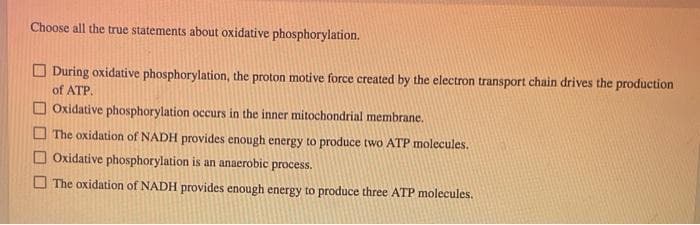 Choose all the true statements about oxidative phosphorylation.
During oxidative phosphorylation, the proton motive force created by the electron transport chain drives the production
of ATP.
Oxidative phosphorylation occurs in the inner mitochondrial membrane.
The oxidation of NADH provides enough energy to produce two ATP molecules.
Oxidative phosphorylation is an anaerobic process.
The oxidation of NADH provides enough energy to produce three ATP molecules.