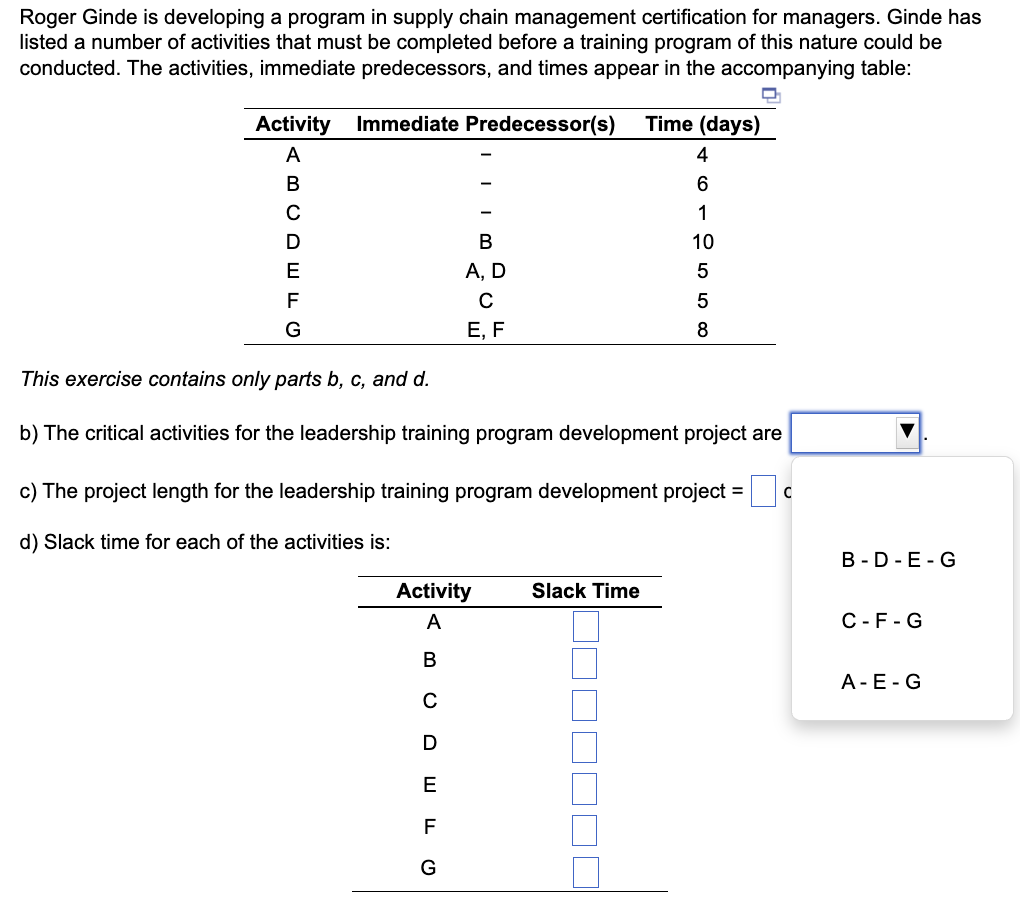 Roger Ginde is developing a program in supply chain management certification for managers. Ginde has
listed a number of activities that must be completed before a training program of this nature could be
conducted. The activities, immediate predecessors, and times appear in the accompanying table:
Activity Immediate Predecessor(s)
A
B
C
D
E
F
G
This exercise contains only parts b, c, and d.
b) The critical activities for the leadership training program development project are
Activity
A
B
с
B
A, D
с
E, F
c) The project length for the leadership training program development project =
d) Slack time for each of the activities is:
ס ח ד Q
E
G
Time (days)
4
6
1
10
5
5
8
Slack Time
B-D-E-G
C-F-G
A-E-G