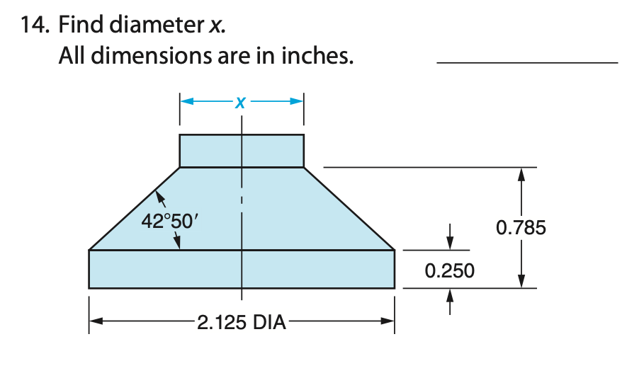 14. Find diameter x.
All dimensions are in inches.
42°50'
0.785
0.250
2.125 DIA-
