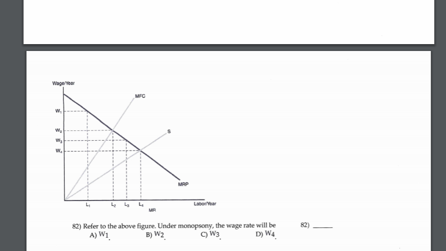 Wage/Year
W₁
3
W₂
W₂
W₂
L₂
MFC
MR
MRP
Labor/Year
82) Refer to the above figure. Under monopsony, the wage rate will be
A) W1
B) W2
D) W4
C) W3
82)