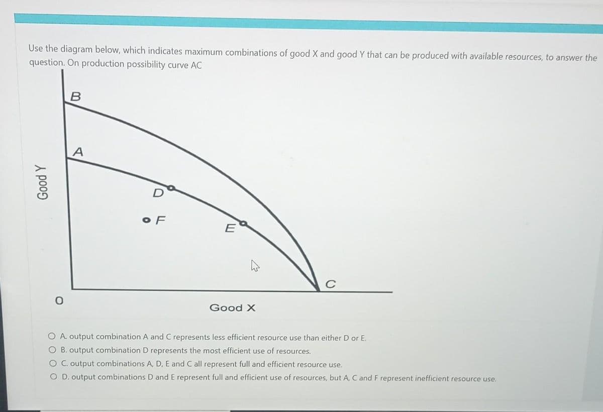 Use the diagram below, which indicates maximum combinations of good X and good Y that can be produced with available resources, to answer the
question. On production possibility curve AC
Good Y
B
A
0
OF
E
Good X
C
O A. output combination A and C represents less efficient resource use than either D or E.
O B. output combination D represents the most efficient use of resources.
O C. output combinations A, D, E and C all represent full and efficient resource use.
O D. output combinations D and E represent full and efficient use of resources, but A, C and F represent inefficient resource use.
