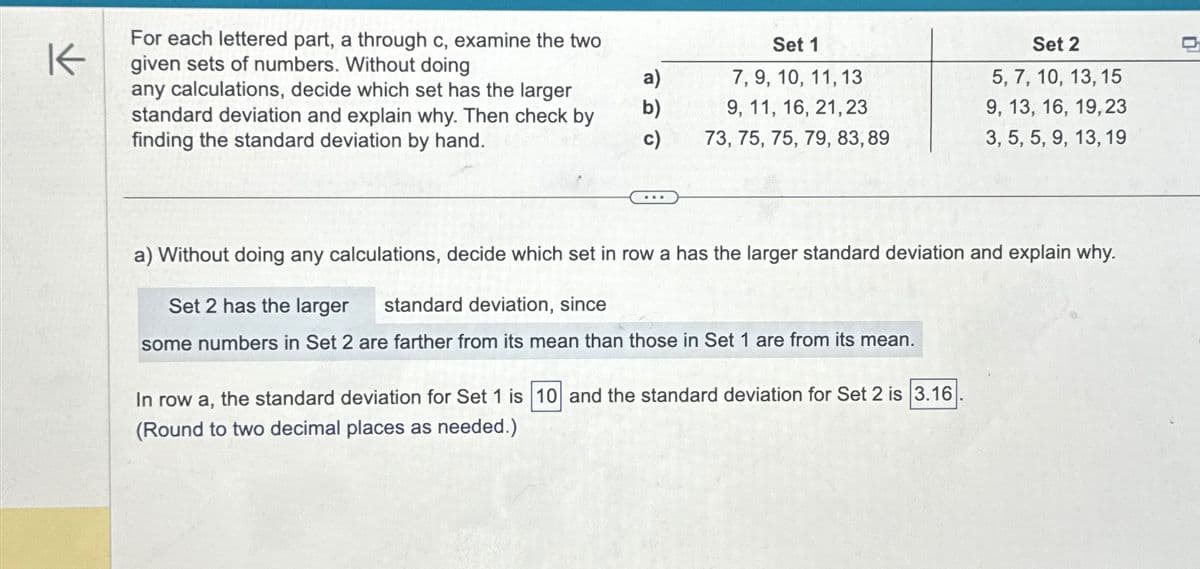 K
For each lettered part, a through c, examine the two
given sets of numbers. Without doing
Set 1
Set 2
a)
7, 9, 10, 11, 13
5, 7, 10, 13, 15
any calculations, decide which set has the larger
standard deviation and explain why. Then check by
finding the standard deviation by hand.
b)
9, 11, 16, 21, 23
c)
73, 75, 75, 79, 83, 89
9, 13, 16, 19, 23
3, 5, 5, 9, 13, 19
a) Without doing any calculations, decide which set in row a has the larger standard deviation and explain why.
Set 2 has the larger
standard deviation, since
some numbers in Set 2 are farther from its mean than those in Set 1 are from its mean.
In row a, the standard deviation for Set 1 is 10 and the standard deviation for Set 2 is 3.16
(Round to two decimal places as needed.)