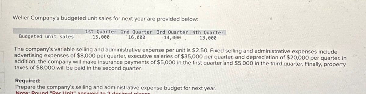 Weller Company's budgeted unit sales for next year are provided below:
Budgeted unit sales
1st Quarter 2nd Quarter 3rd Quarter 4th Quarter
15,000
*16,000
14,000. 13,000
The company's variable selling and administrative expense per unit is $2.50. Fixed selling and administrative expenses include
advertising expenses of $8,000 per quarter, executive salaries of $35,000 per quarter, and depreciation of $20,000 per quarter. In
addition, the company will make insurance payments of $5,000 in the first quarter and $5,000 in the third quarter. Finally, property
taxes of $8,000 will be paid in the second quarter.
Required:
Prepare the company's selling and administrative expense budget for next year.
Note: Round "Per Unit" answers to 2 decimal places