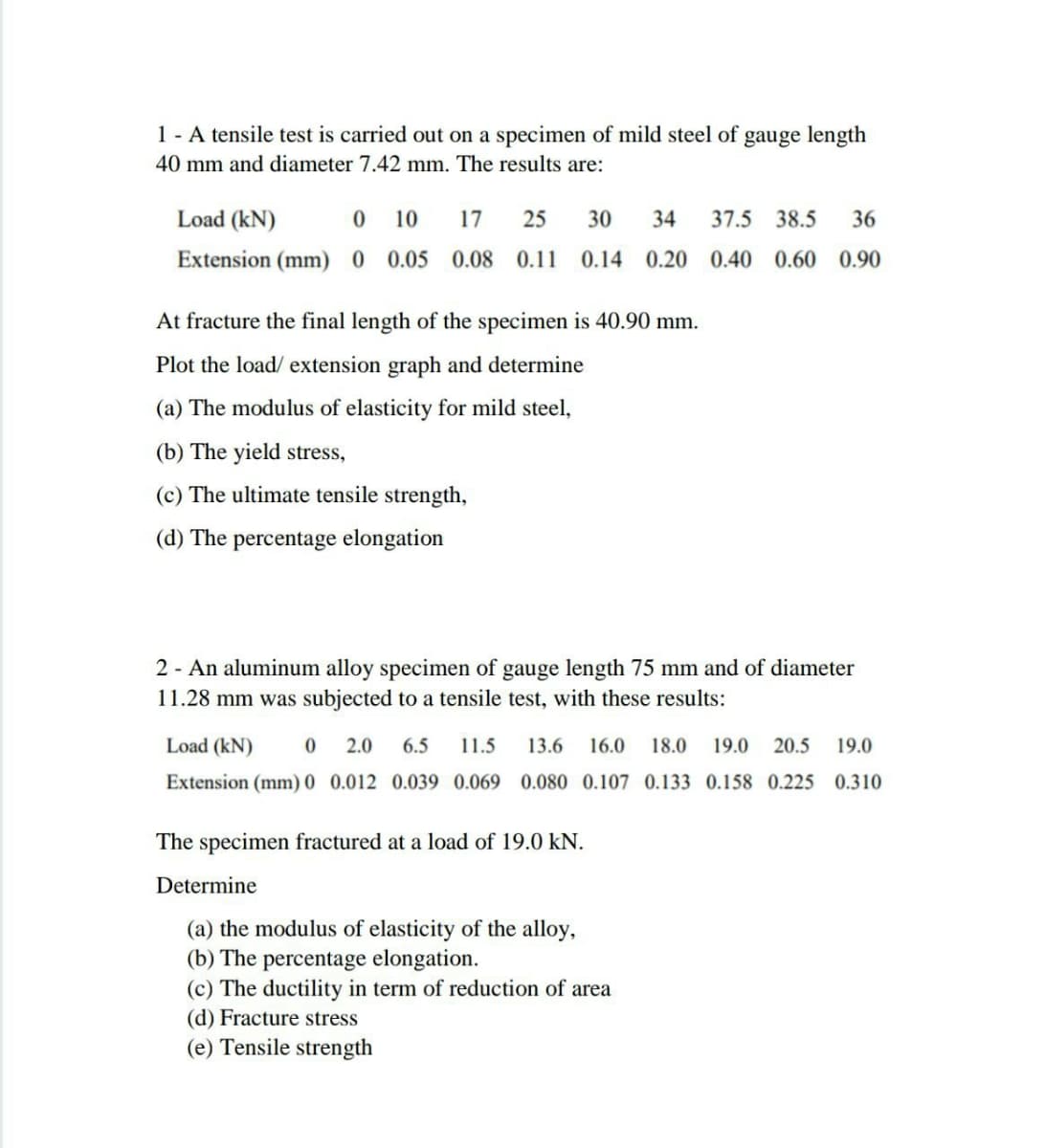 1 - A tensile test is carried out on a specimen of mild steel of gauge length
40 mm and diameter 7.42 mm. The results are:
Load (kN)
10
17
25
30
34
37.5 38.5
36
Extension (mm) 0 0.05 0.08 0.11 0.14
0.20 0.40 0.60 0.90
At fracture the final length of the specimen is 40.90 mm.
Plot the load/ extension graph and determine
(a) The modulus of elasticity for mild steel,
(b) The yield stress,
(c) The ultimate tensile strength,
(d) The percentage elongation
2 - An aluminum alloy specimen of gauge length 75 mm and of diameter
11.28 mm was subjected to a tensile test, with these results:
Load (kN)
2.0
6.5
11.5
13.6
16.0
18.0
19.0
20.5
19.0
Extension (mm) 0 0.012 0.039 0.069 0.080 0.107 0.133 0.158 0.225 0.310
The specimen fractured at a load of 19.0 kN.
Determine
(a) the modulus of elasticity of the alloy,
(b) The percentage elongation.
(c) The ductility in term of reduction of area
(d) Fracture stress
(e) Tensile strength
