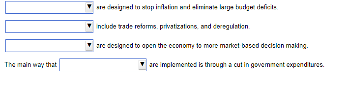The main way that
are designed to stop inflation and eliminate large budget deficits.
include trade reforms, privatizations, and deregulation.
are designed to open the economy to more market-based decision making.
are implemented is through a cut in government expenditures.