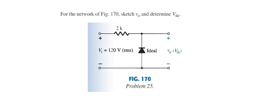 For the network of Fig. 170, sketch v, and determine Vac
2 k
V; = 120 V (rms)
Ideal
V, (Vác)
FIG. 170
Problem 25.
