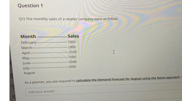 Question 1
Q1) The monthly sales of a retailer company were as follow:
Month
-Sales
February--
March-
1000
1800
April-
-2100
May-
-1000
June-
July--
2048
2600
August
As a planner, you are required to calculate the Demand Forecast for August using the Naive approach
Add your answer
