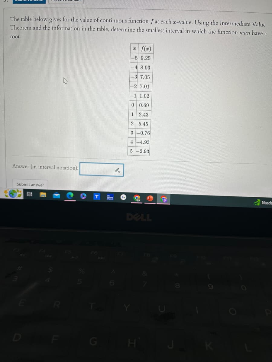 The table below gives for the value of continuous function f at each x-value. Using the Intermediate Value
Theorem and the information in the table, determine the smallest interval in which the function must have a
root.
x f(x)
5 9.25
Answer (in interval notation):
2.
Submit answer
3
E
F4
F5
D
F
T
9
4 8.03
-3 7.05
-2 7.01
-1 1.02
0 0.69
1 2.43
2 5.45
3 -0.76
4-4.93
5 -2.93
DELL
H
8
F10
Nasda