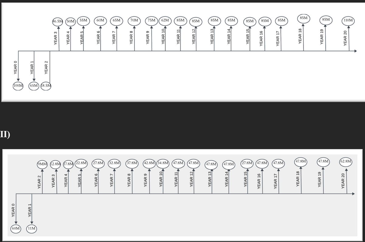 O
YEAR 0
YEAR 1
YEAR 2
YEAR 3
YEAR 4
YEAR 5
YEAR 6
YEAR 7
YEAR 8
YEAR 9
YEAR 10,
YEAR 11
YEAR 12,
YEAR 13,
YEAR 14.
YEAR 15,
YEAR 16
YEAR 17
YEAR 18
YEAR 19
YEAR 20
2
↓
4
22
II)
(65M) (8.5M
YEAR O
YEAR 1
YEAR 2
YEAR 3
YEAR 4
YEAR 5
YEAR 6
YEAR 7
YEAR 8
YEAR 9
YEAR 10
YEAR 11,
YEAR 12,
YEAR 13
YEAR 14,
YEAR 15
YEAR 16
YEAR 17
YEAR 18
YEAR 19
YEAR 20
151
5)