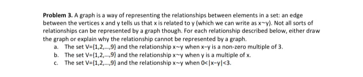 Problem 3. A graph is a way of representing the relationships between elements in a set: an edge
between the vertices x and y tells us that x is related to y (which we can write as x~y). Not all sorts of
relationships can be represented by a graph though. For each relationship described below, either draw
the graph or explain why the relationship cannot be represented by a graph.
a. The set V={1,2,...,9) and the relationship x~y when x-y is a non-zero multiple of 3.
b. The set V=(1,2,...,9) and the relationship x~y when y is a multiple of x.
c. The set V={1,2,...,9) and the relationship x~y when 0<|x-y|<3.