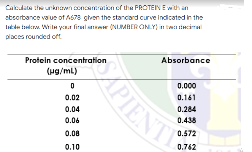 Calculate the unknown concentration of the PROTEIN E with an
absorbance value of A678 given the standard curve indicated in the
table below. Write your final answer (NUMBER ONLY) in two decimal
places rounded off.
Protein concentration
Absorbance
(µg/mL)
0
0.000
0.161
0.02
0.04
0.284
0.438
0.06
0.08
0.572
0.762
0.10
SAPIENTI