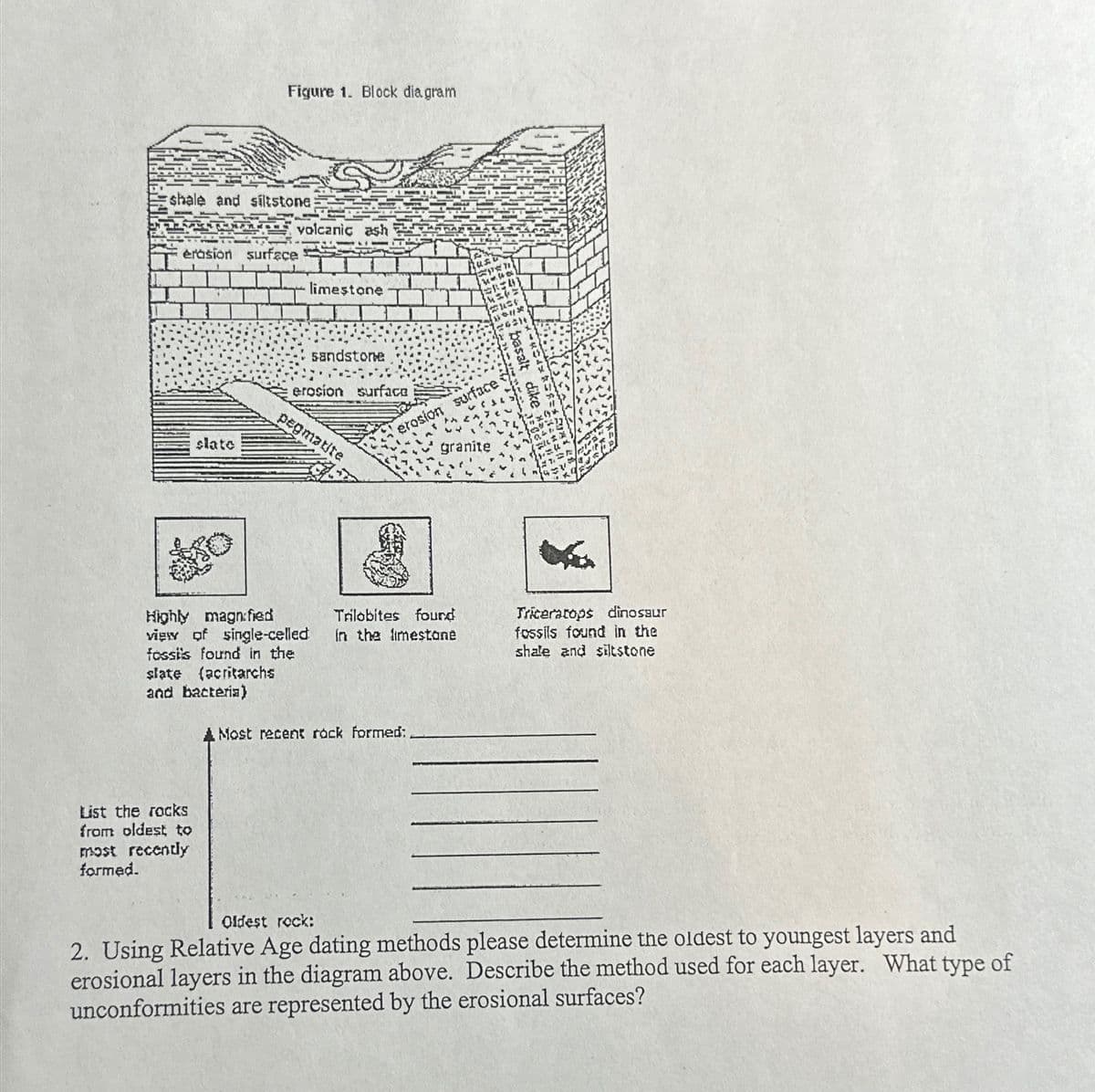 Figure 1. Block diagram
shale and siltstone
volcanic ash
erasion surface
slate
limestone
sandstone
erosion surface
pegmatite
erosion surface
granite
Highly magnified
Trilobites found
view of single-celled
in the limestone
fossils found in the
slate (acritarchs
and bacteria)
Most recent rock formed:
List the rocks
from oldest to
most recently
formed.
basalt dike
L
Triceratops dinosaur
fossils found in the
shale and siltstone
Oldest rock:
2. Using Relative Age dating methods please determine the oldest to youngest layers and
erosional layers in the diagram above. Describe the method used for each layer. What type of
unconformities are represented by the erosional surfaces?