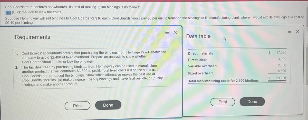Cool Boards manufactures snowboards. Its cost of making 2,100 bindings is as follows:
(Click the icon to view the costs.)
Suppose Hemingway will sell bindings to Cool Boards for $16 each. Cool Boards would pay $3 per unit to transport the bindings to its manufacturing plant, where it would add its own logo at a cost of
$0.40 per binding.
Requirements
1.
Cool Boards' accountants predict that purchasing the bindings from Hemingway will enable the
company to avoid $2,400 of fixed overhead. Prepare an analysis to show whether
Cool Boards should make or buy the bindings.
2. The facilities freed by purchasing bindings from Hemingway can be used to manufacture
another product that will contribute $3,500 to profit. Total fixed costs will be the same as if
Cool Boards had produced the bindings. Show which alternative makes the best use of
Cool Boards' facilities: (a) make bindings, (b) buy bindings and leave facilities idle, or (c) buy
bindings and make another product.
Print
- X
Done
Data table
4
Direct materials
Direct labor
Variable overhead
Fixed overhead
Total manufacturing costs for 2,100 bindings
Print
Done
$
17,590
3,000
2,030
6,600
$ 29,220
=
x