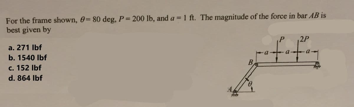 For the frame shown, 0= 80 deg, P = 200 lb, and a = 1 ft. The magnitude of the force in bar AB is
best given by
a. 271 lbf
b. 1540 lbf
c. 152 lbf
d. 864 lbf
B
P 2P
rafafay