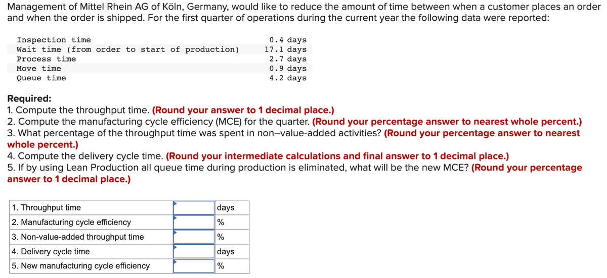 Management of Mittel Rhein AG of Köln, Germany, would like to reduce the amount of time between when a customer places an order
and when the order is shipped. For the first quarter of operations during the current year the following data were reported:
Inspection time.
Wait time (from order to start of production)
Process time
Move time
Queue time
Required:
1. Compute the throughput time. (Round your answer to 1 decimal place.)
2. Compute the manufacturing cycle efficiency (MCE) for the quarter. (Round your percentage answer to nearest whole percent.)
3. What percentage of the throughput time was spent in non-value-added activities? (Round your percentage answer to nearest
whole percent.)
4. Compute the delivery cycle time. (Round your intermediate calculations and final answer to 1 decimal place.)
5. If by using Lean Production all queue time during production is eliminated, what will be the new MCE? (Round your percentage
answer to 1 decimal place.)
1. Throughput time
2. Manufacturing cycle efficiency
3. Non-value-added throughput time
4. Delivery cycle time
5. New manufacturing cycle efficiency
0.4 days
17.1 days
2.7 days
0.9 days
4.2 days
days
%
%
days
%