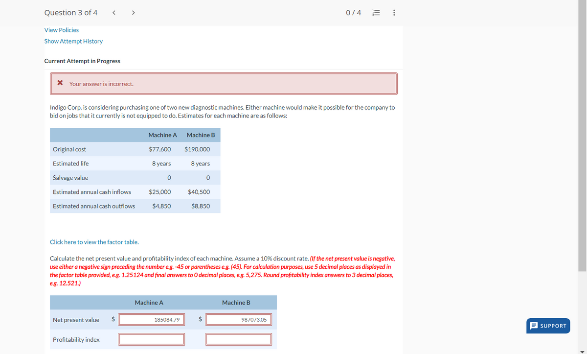 Question 3 of 4
View Policies
Show Attempt History
Current Attempt in Progress
<
* Your answer is incorrect.
Original cost
Estimated life
>
Salvage value
Estimated annual cash inflows
Estimated annual cash outflows
Indigo Corp. is considering purchasing one of two new diagnostic machines. Either machine would make it possible for the company to
bid on jobs that it currently is not equipped to do. Estimates for each machine are as follows:
Click here to view the factor table.
Net present value $
Profitability index
Machine A
$77,600
8 years
0
$25,000
$4,850
Machine A
Machine B
185084.79
$190,000
8 years
0
$40,500
$8,850
Calculate the net present value and profitability index of each machine. Assume a 10% discount rate. (If the net present value is negative,
use either a negative sign preceding the number e.g. -45 or parentheses e.g. (45). For calculation purposes, use 5 decimal places as displayed in
the factor table provided, e.g. 1.25124 and final answers to O decimal places, e.g. 5,275. Round profitability index answers to 3 decimal places,
e.g. 12.521.)
$
0/4
Machine B
|||
987073.05
:
SUPPORT