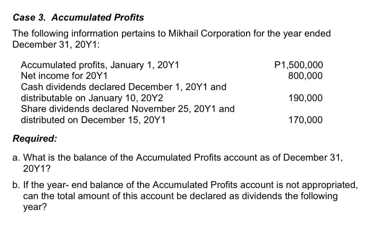 Case 3. Accumulated Profits
The following information pertains to Mikhail Corporation for the year ended
December 31, 20Y1:
Accumulated profits, January 1, 20Y1
Net income for 20Y1
Cash dividends declared December 1, 20Y1 and
distributable on January 10, 20Y2
Share dividends declared November 25, 20Y1 and
distributed on December 15, 20Y1
P1,500,000
800,000
190,000
170,000
Required:
a. What is the balance of the Accumulated Profits account as of December 31,
20Y1?
b. If the year-end balance of the Accumulated Profits account is not appropriated,
can the total amount of this account be declared as dividends the following
year?