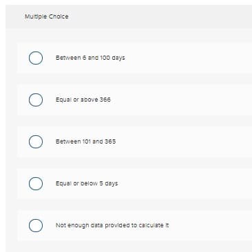 Multiple Choice
O Between 6 and 100 days
O Equal or above 366
O Between 101 and 365
O Equal or below 5 days
O Not enough data provided to calculate it