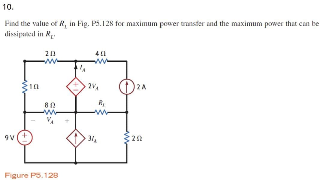 10.
Find the value of R, in Fig. P5.128 for maximum power transfer and the maximum power that can be
dissipated in R₁.
202
ww
402
9V
+
1Ω
802
www
VA
+
2VA
RL
www
Figure P5.128
31A
2 A
20