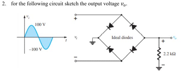 2. for the following circuit sketch the output voltage vo.
100 V
A
-100 V
Ideal diodes
2.2 ΚΩ