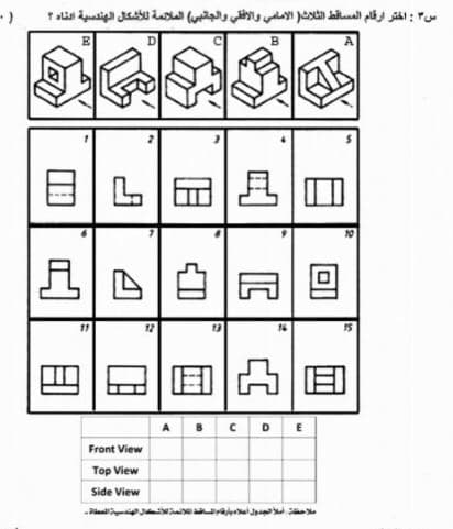 (-
س ۳ : اختر ارقام المساقط الثلاث الامامي والاقي والجتبي( الملامة ل لأشكال الهندسية القاه ؟
L
د ے
Eه،و A
Front View
Top View
Side View
الهندسية السطاة
ملاحظة امل لجدوله
