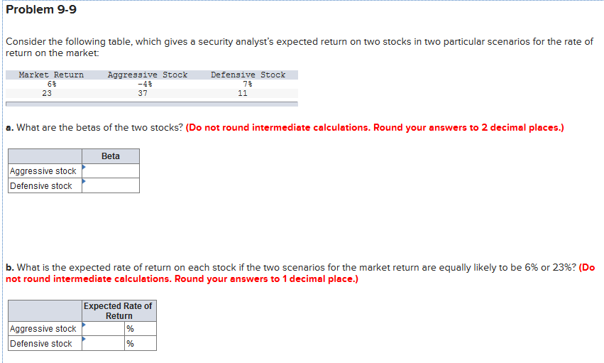 Problem 9-9
Consider the following table, which gives a security analyst's expected return on two stocks in two particular scenarios for the rate of
return on the market:
Market Return
Aggressive Stock
Defensive Stock
6%
-4%
23
37
11
a. What are the betas of the two stocks? (Do not round intermediate calculations. Round your answers to 2 decimal places.)
Beta
Aggressive stock
Defensive stock
b. What is the expected rate of return on each stock if the two scenarios for the market return are equally likely to be 6% or 23%? (Do
not round intermediate calculations. Round your answers to 1 decimal place.)
Expected Rate of
Return
Aggressive stock
%
Defensive stock
%
