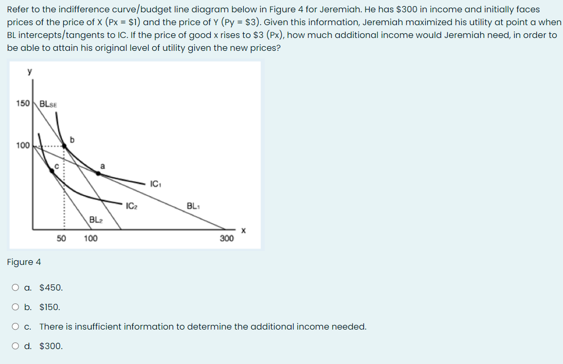 Refer to the indifference curve/budget line diagram below in Figure 4 for Jeremiah. He has $300 in income and initially faces
prices of the price of X (Px = $1) and the price of Y (Py = $3). Given this information, Jeremiah maximized his utility at point a when
BL intercepts/tangents to IC. If the price of good x rises to $3 (Px), how much additional income would Jeremiah need, in order to
be able to attain his original level of utility given the new prices?
y
150BLSE
100
ICI
IC2
BL1
BL2
50
100
300
Figure 4
O a. $450.
O b. $150.
О с.
There is insufficient information to determine the additional income needed.
O d. $300.
