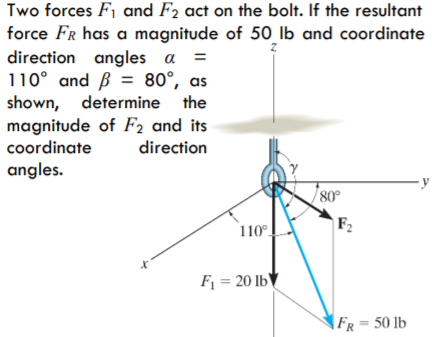 Two forces F1 and F2 act on the bolt. If the resultant
force FR has a magnitude of 50 lb and coordinate
direction angles a =
110° and B = 80°, as
shown, determine the
magnitude of F, and its
coordinate
%3D
direction
angles.
80°
F2
110°.
F = 20 lbV
|FR= 50 lb
