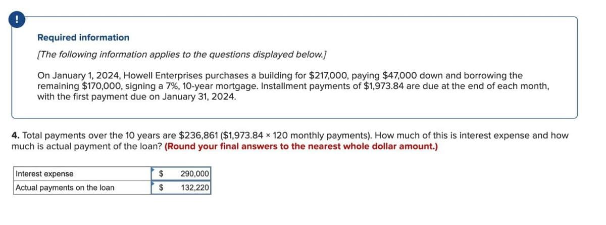 !
Required information
[The following information applies to the questions displayed below.]
On January 1, 2024, Howell Enterprises purchases a building for $217,000, paying $47,000 down and borrowing the
remaining $170,000, signing a 7%, 10-year mortgage. Installment payments of $1,973.84 are due at the end of each month,
with the first payment due on January 31, 2024.
4. Total payments over the 10 years are $236,861 ($1,973.84 x 120 monthly payments). How much of this is interest expense and how
much is actual payment of the loan? (Round your final answers to the nearest whole dollar amount.)
Interest expense
$ 290,000
Actual payments on the loan
$
132,220