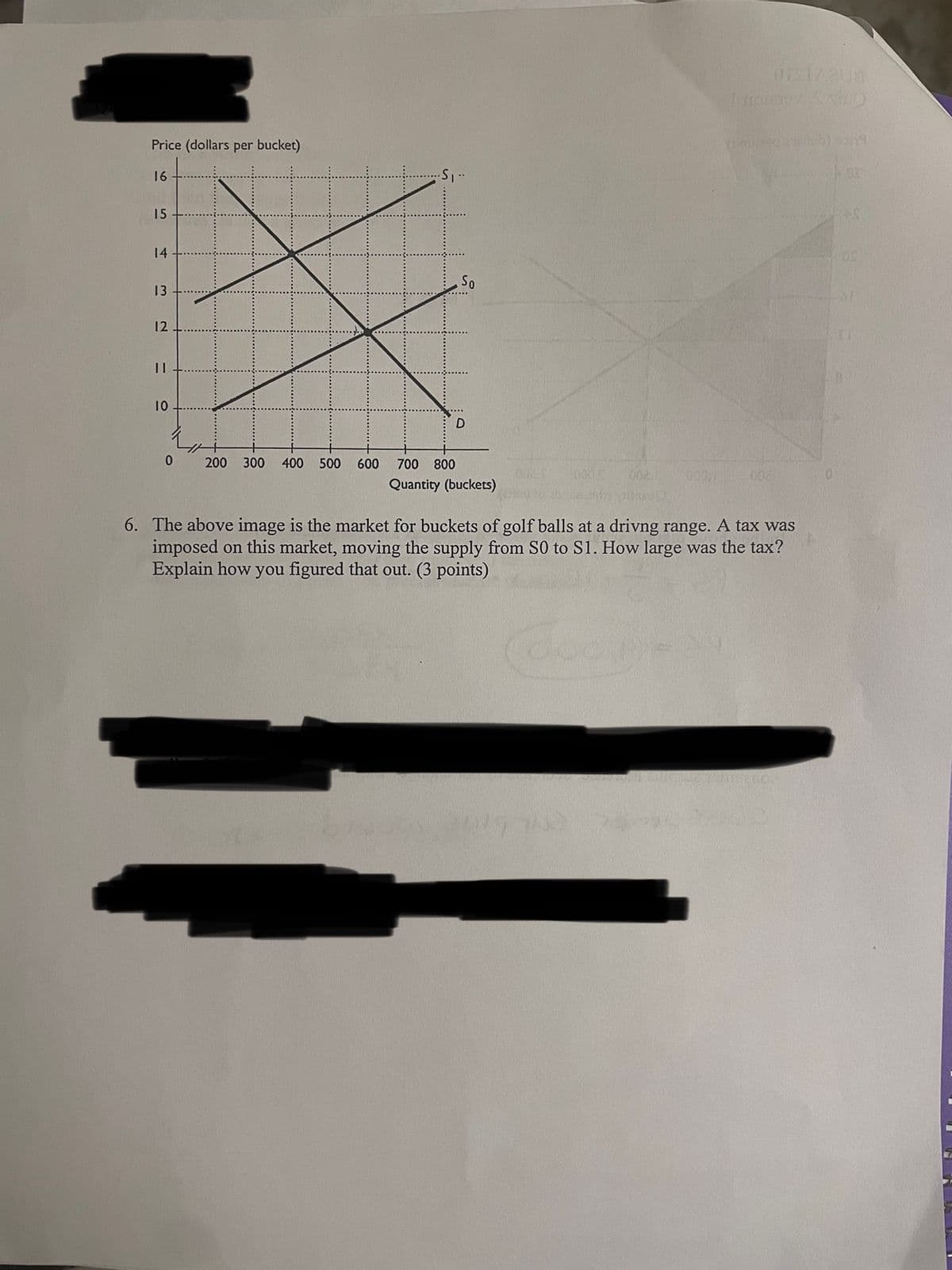 Price (dollars per bucket)
16
15
14
13
12
||
10
0
200 300 400 500
600
..S₁..
D
700 800
Quantity (buckets)
002
002
OF1Z2U8
I meiner Scho
thouges
002
6. The above image is the market for buckets of golf balls at a drivng range. A tax was
imposed on this market, moving the supply from SO to S1. How large was the tax?
Explain how you figured that out. (3 points)
85
AS
11