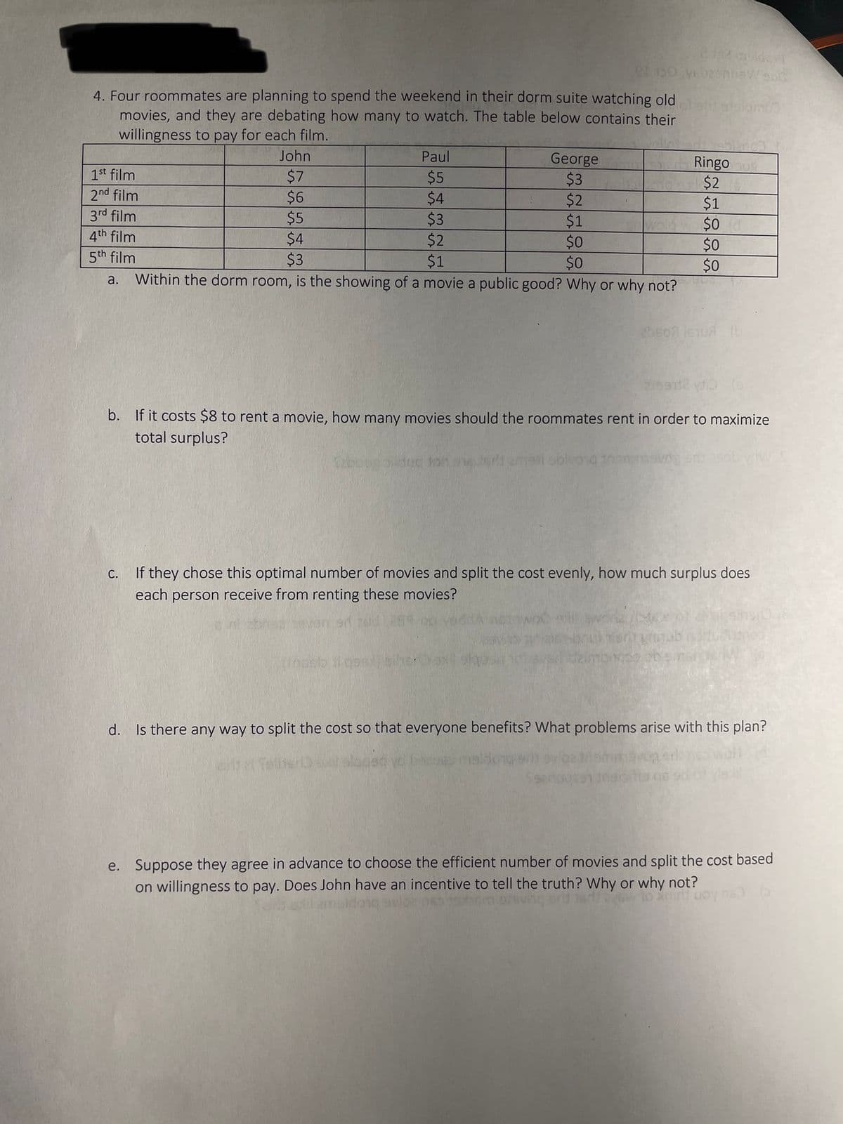 4. Four roommates are planning to spend the weekend in their dorm suite watching old olent atsomos
movies, and they are debating how many to watch. The table below contains their
willingness to pay for each film.
John
Paul
George
$7
$5
$3
$6
$4
$2
$5
$3
$1
$4
$2
$0
$3
$1
$0
a. Within the dorm room, is the showing of a movie a public good? Why or why not?
1st film
2nd film
3rd film
4th film
5th film
C.
2102 gulden
et 150 yebesnbew sho
12bo
2099712 vdio (9)
b. If it costs $8 to rent a movie, how many movies should the roommates rent in order to maximize
total surplus?
obivo
hasb fl qasihe: Ox
Ringo og
$2
$1
$0
$0
$0
25807) 1610A (b
If they chose this optimal number of movies and split the cost evenly, how much surplus does
each person receive from renting these movies?
d. Is there any way to split the cost so that everyone benefits? What problems arise with this plan?
e. Suppose they agree in advance to choose the efficient number of movies and split the cost based
on willingness to pay. Does John have an incentive to tell the truth? Why or why not?
panini