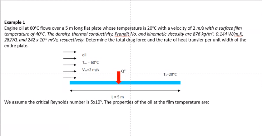 Example 1
Engine oil at 60°C flows over a 5 m long flat plate whose temperature is 20°C with a velocity of 2 m/s with a surface film
temperature of 40°C. The density, thermal conductivity, Prandlt No. and kinematic viscosity are 876 kg/m², 0.144 W/m.K,
28270, and 242 x 10$ m²/s, respectively. Determine the total drag force and the rate of heat transfer per unit width of the
entire plate.
oil
T- = 60°C
V-=2 m/s
T=20°C-
L= 5 m
We assume the critical Reynolds number is 5x105. The properties of the oil at the film temperature are:
