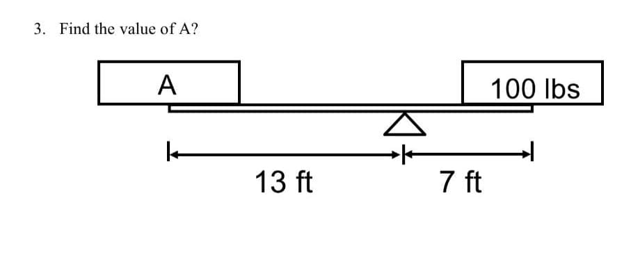 3. Find the value of A?
A
k
13 ft
7 ft
100 lbs