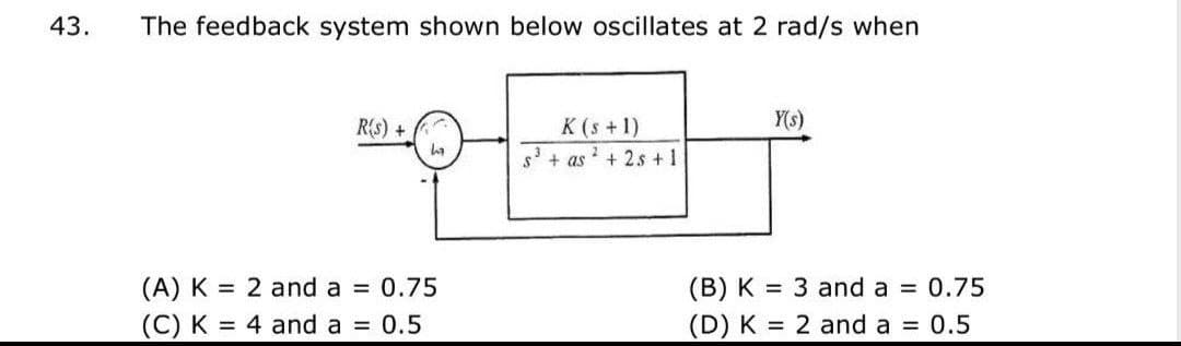 43.
The feedback system shown below oscillates at 2 rad/s when
R(s) +
ha
(A) K = 2 and a = 0.75
(C) K = 4 and a = 0.5
K (s + 1)
S³ + as¹ +2s +1
Y(s)
(B) K = 3 and a = 0.75
(D) K = 2 and a = 0.5