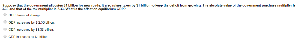 Suppose that the government allocates $1 billion for new roads. It also raises taxes by $1 billion to keep the deficit from growing. The absolute value of the government purchase multiplier is
3.33 and that of the tax multiplier is 2.33. What is the effect on equilibrium GDP?
GDP does not change.
● GDP increases by $ 2.33 billion.
GDP increases by $3.33 billion
ⒸGDP increases by $1 billion.