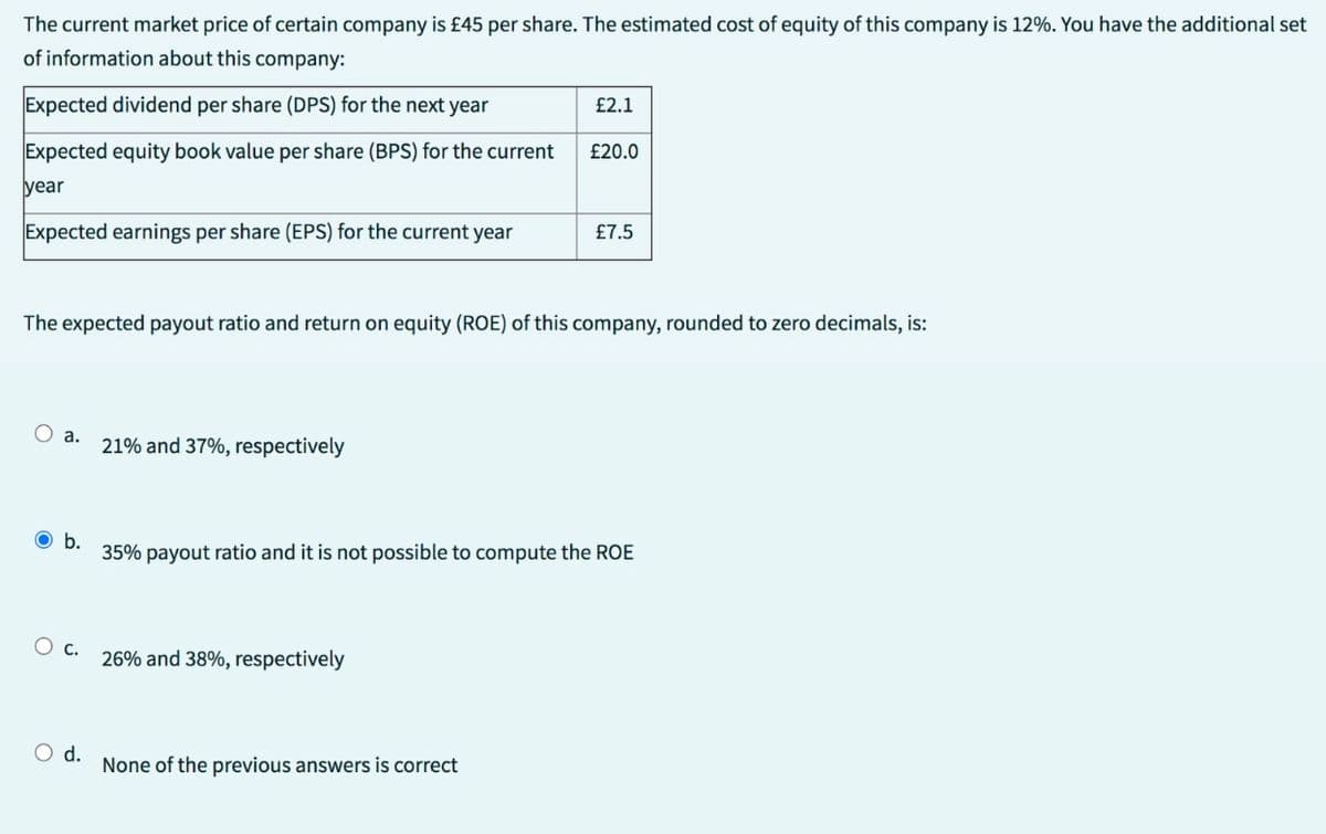 The current market price of certain company is £45 per share. The estimated cost of equity of this company is 12%. You have the additional set
of information about this company:
Expected dividend per share (DPS) for the next year
Expected equity book value per share (BPS) for the current
year
Expected earnings per share (EPS) for the current year
O a. 21% and 37%, respectively
O b.
The expected payout ratio and return on equity (ROE) of this company, rounded to zero decimals, is:
O C.
O d.
£2.1
26% and 38%, respectively
£20.0
None of the previous answers is correct
£7.5
35% payout ratio and it is not possible to compute the ROE