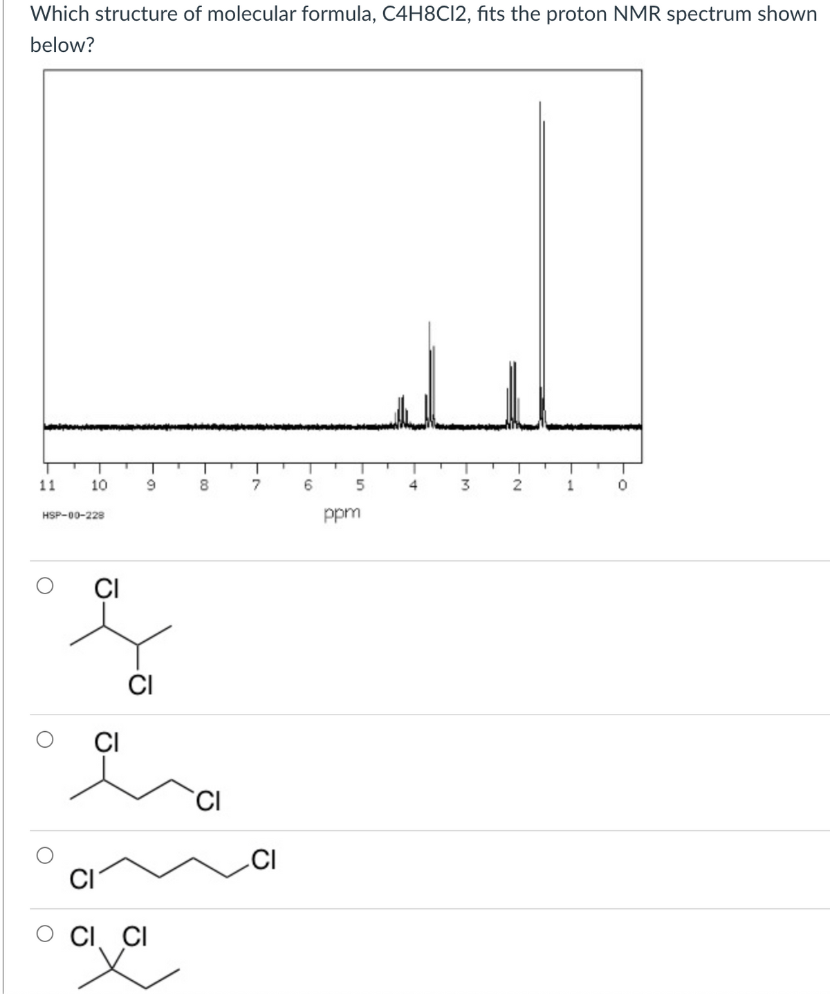 Which structure of molecular formula, C4H8C12, fits the proton NMR spectrum shown
below?
11
10
8
5
3
ppm
HSP-00-228
CI
CI
CI
.CI
CI
O CI, CI
