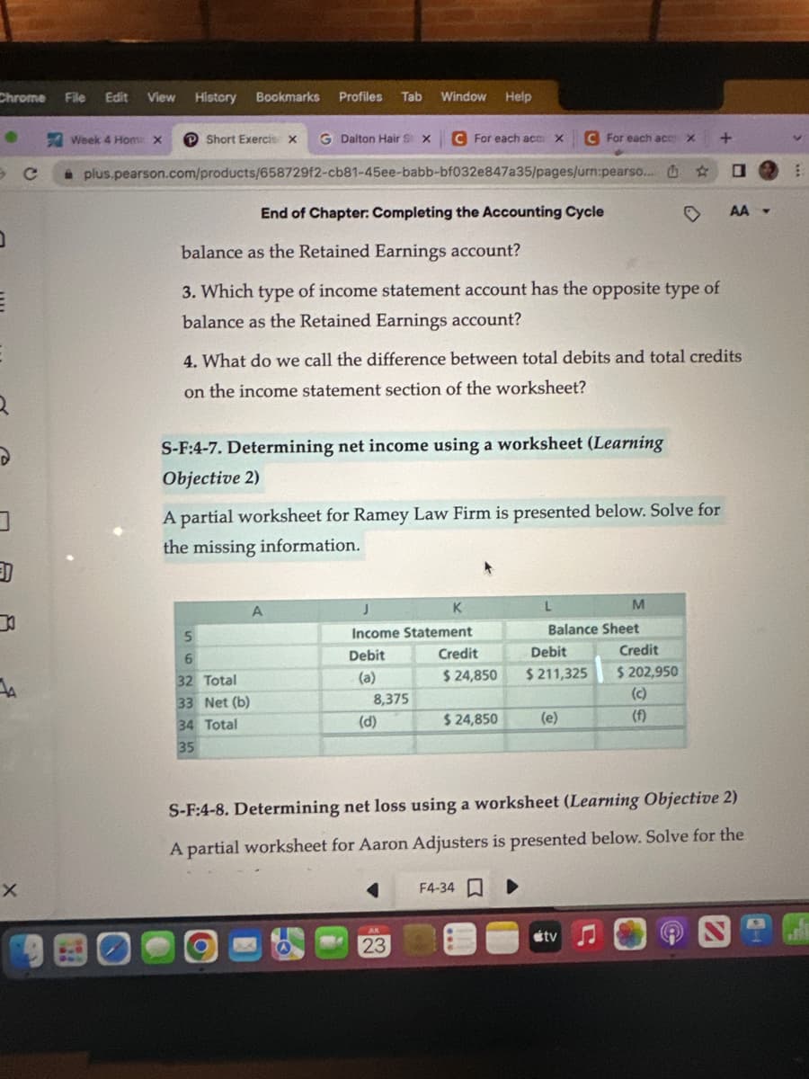 Chrome File Edit View History Bookmarks
3
J
4
X
с
Week 4 Hom X P Short Exercis X
G Dalton Hair S X C For each acc X
plus.pearson.com/products/658729f2-cb81-45ee-babb-bf032e847a35/pages/urn:pearso...
Profiles Tab Window Help
End of Chapter: Completing the Accounting Cycle
5
6
32 Total
33 Net (b)
34 Total
35
balance as the Retained Earnings account?
3. Which type of income statement account has the opposite type of
balance as the Retained Earnings account?
S-F:4-7. Determining net income using a worksheet (Learning
Objective 2)
A
4. What do we call the difference between total debits and total credits
on the income statement section of the worksheet?
A partial worksheet for Ramey Law Firm is presented below. Solve for
the missing information.
Income Statement
Debit
(a)
8,375
(d)
K
23
C For each aces
Credit
$ 24,850
$24,850
L
Debit
$ 211,325
Balance Sheet
(e)
X +
M
tv
O
Credit
$ 202,950
(c)
(f)
O
AA-
S-F:4-8. Determining net loss using a worksheet (Learning Objective 2)
A partial worksheet for Aaron Adjusters is presented below. Solve for the
F4-34 ▸
E