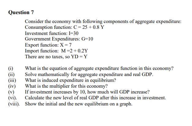 Question 7
(ii)
(iii)
(iv)
(v)
(vi).
Consider the economy with following components of aggregate expenditure:
Consumption function: C 25+0.8 Y
Investment function: I=30
Government Expenditures: G=10
Export function: X=7
Import function: M=2+0.2Y
There are no taxes, so YD = Y
What is the equation of aggregate expenditure function in this economy?
Solve mathematically for aggregate expenditure and real GDP.
What is induced expenditure in equilibrium?
What is the multiplier for this economy?
If investment increases by 10, how much will GDP increase?
Calculate the new level of real GDP after this increase in investment.
(viii). Show the initial and the new equilibrium on a graph.