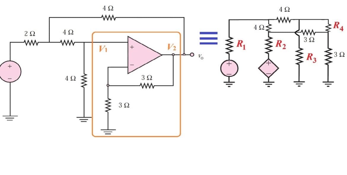 4Ω
4Ω
ww
4 ΩΣ
R4
4Ω
3 2
ww
V2
R1
R2
Vi
+
3Ω
R3
+
4 2
3Ω
II
ww
