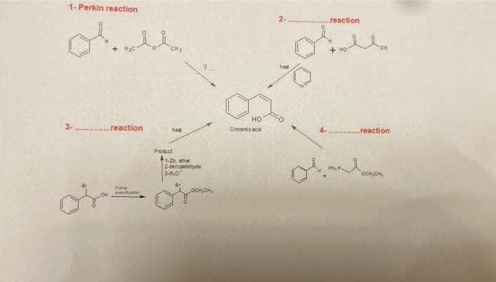 1- Perkin reaction
لملي
reaction
hed
Product
1-2, ther
2-benzadehyde
3-H.0
HO
Cinamic acid
had
reaction
Hollom
+HO
..reaction
look
OCH CH₂