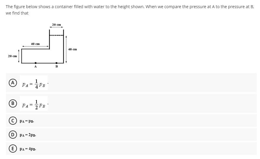 The figure below shows a container filled with water to the height shown. When we compare the pressure at A to the pressure at B,
we find that
20 cm
40 cm
40 cm
20 ст
B
A
PA= PB
%3D
1
PA=5PB
B.
C) PA= PB-
PA = 2pB-
E PA = 4pB-
