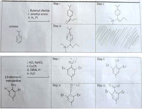 cumene
2,6-dibromo-4-
methylaniline
NH₂
i. Butanoyl chloride
ii. dimethyl amine.
iii. H₂, Pt
i. HCI, NaNO₂
ii. CuCN
iii. DIBAL-H
iv. H₂O
Step :
Step :
Step i:
Step :
вк
N₂CI
-Br
N-L
-Br
Step ii:
Step il:
Br.
Step iv:
CN
Br