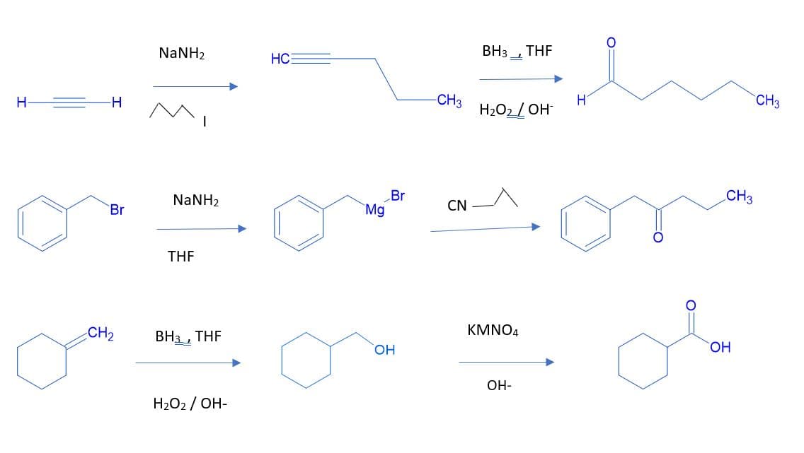 H
-H
Br
CH₂
NaNHz
NaNHz
THF
BH3, THF
H₂O2 / OH-
HC
Mg
Br
OH
-CH3
CN
BH3
H₂O₂ / OH-
KMNO4
THE
OH-
H
O
CH3
OH
CH3